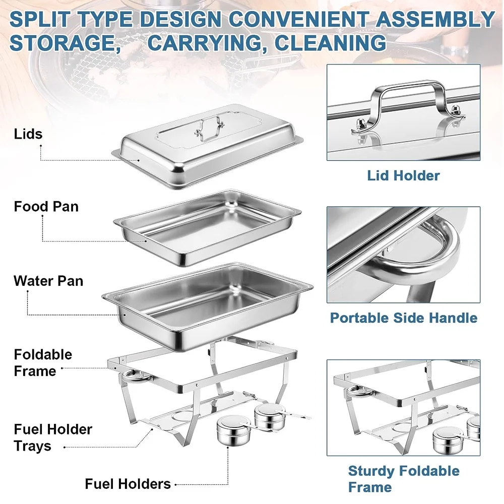 4-Pack Chafing Dish Buffet Set 9 Qt, Foldable Rectangular Chafer Set, Stainless Steel Food Warmer Set W/Full Size Water Pan, Fuel Holder for Parties Cooked Food Insulation