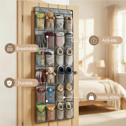 Over The Door Hanging Shoe Organizer, 24 Large Breathable Mesh Pockets, 2 Pack Hanging Shoe Storage Organizer, Gray