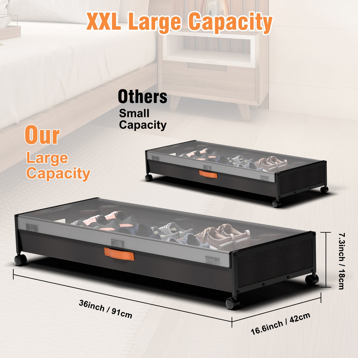 Under Bed Storage with Wheels, XXXL Larger Under Bed Storage Containers with Clear Lids, 36'' Lengthen Under Bed Shoe Organizer, Rolling for Shoes Clothes(Black 2 Pack, XXXL