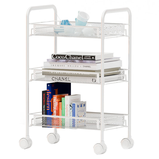 3 Tier Rolling Cart on Wheels, Rustproof Metal Cart with Lockable Wheels, Kitchen Rolling Shelf, Mesh Storage Basket for Living Room, Bathroom, Kitchen, Office, White