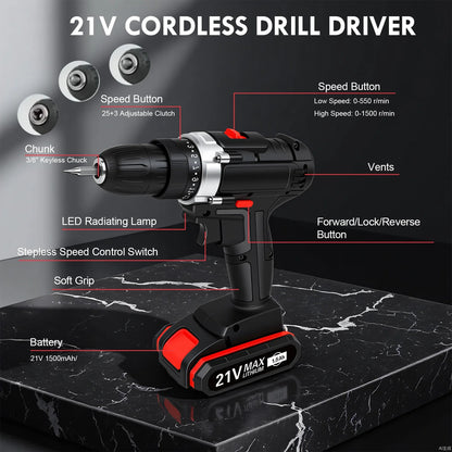 21V Cordless Drill Set with 2 Batteries, 3/8" Keyless Chuck, Multi-Functional Electric Power Drill Kit, Portable, 2 Variable Speed & LED Light, Black