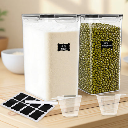 8.5L/287Oz Airtight Cereal Container Flour Storage with Lids, Extra Large Food Storage Containers Pantry with Measuring Cups, Chalkboard Labels and Marker for Kitchen Organization, 2 Pack