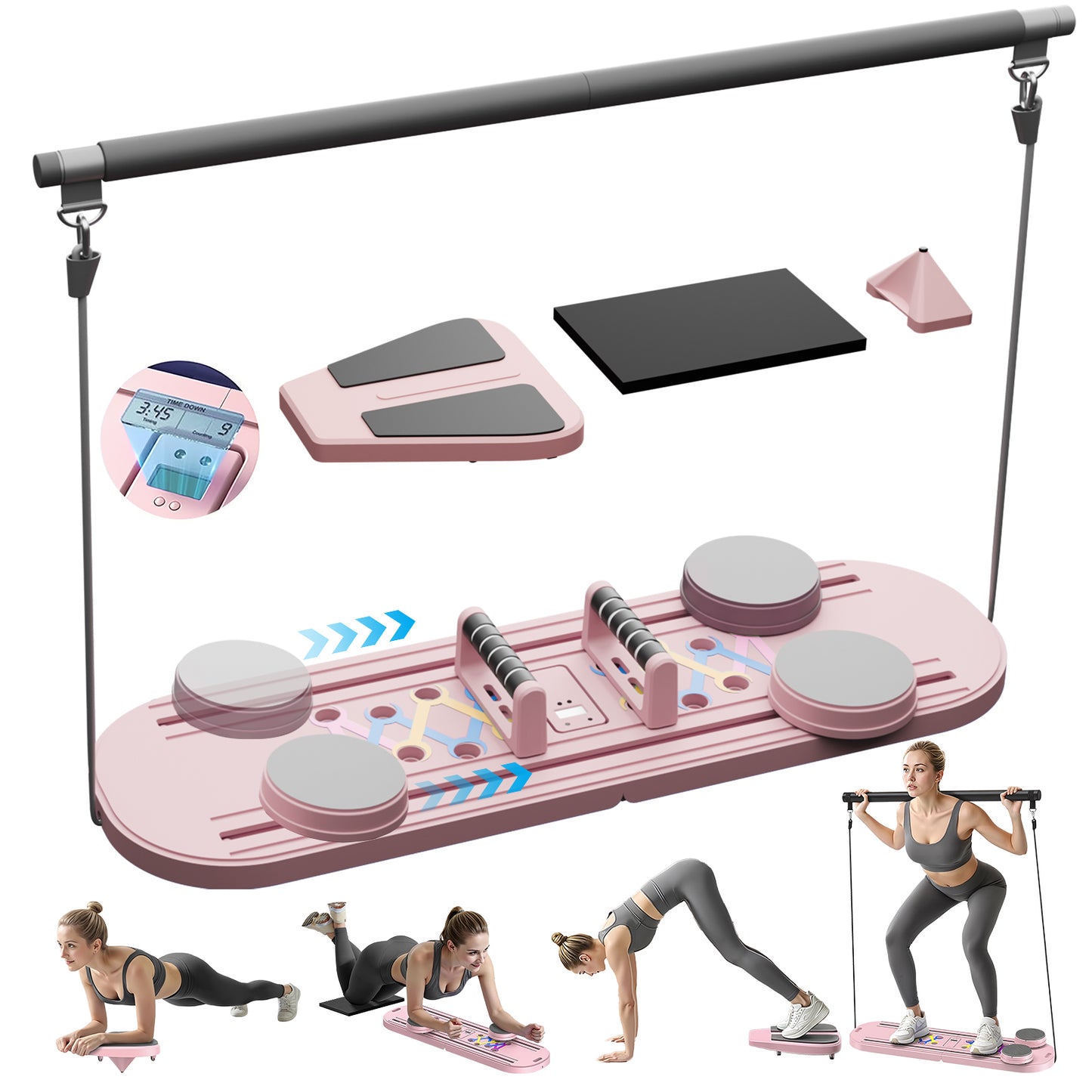 RICAN Foldable Pilates Board, Pilates Reformer Set, 15-in-1 Multifunctional Abdominal Board, Adjustable Push-Up Handles, Full Body Workout Equipment for Home, Pink