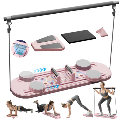 RICAN Foldable Pilates Board, Pilates Reformer Set, 15-in-1 Multifunctional Abdominal Board, Adjustable Push-Up Handles, Full Body Workout Equipment for Home, Pink