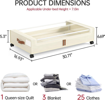 Under Bed Storage with Wheels, 2 Pack Under Bed Storage Containers, 60L Under Bed Shoe Storage with Clear Window & Label, Rolling Under Bed Metal Drawer for Clothes, Shoes,Toys, Books, Blankets