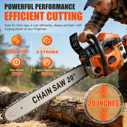 BAOKALER Cordless Gas Chainsaw 20-Inch 62CC, 2-Stroke Engine for Wood Cutting, EPA Certified with 2 Chains, Orange