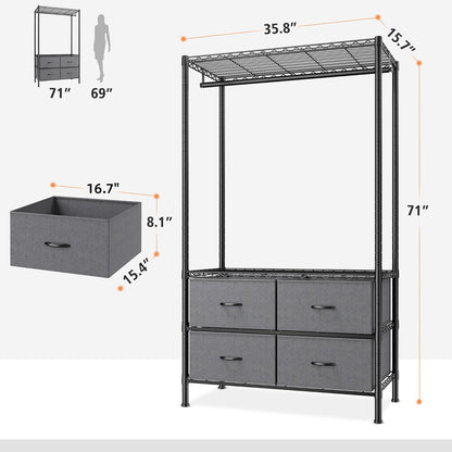 Clothing Rack Heavy Duty Clothes Rack for Hanging Clothes Adjustable Wardrobe Closet with 4 Drawers Freestanding Garment Rack for Extra Closet Space, Black