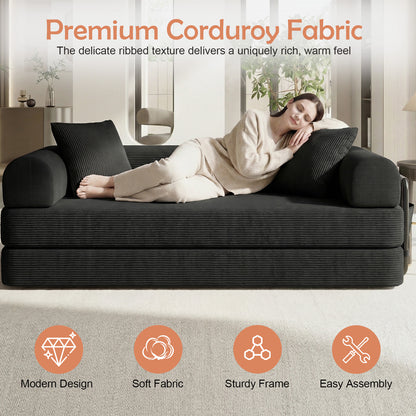 CATGOOD Sectional Couch for Living Room, Convertible Sofa Bed with Soft Corduroy, 78 Inch Modular Futon Couch Free Assembly, Black