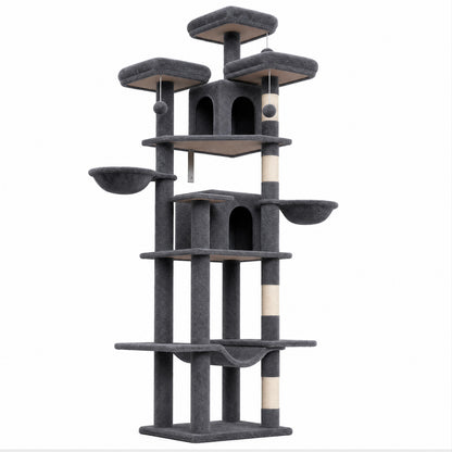 80" Cat Tree Tower, Big Cat Tower for Multiple Adult Cats, Multi-Level Tall Cat Tree with 3 Platforms, 2 Condos, 2 Hanging Basket, Hammock and Scratching Frame for Indoor Kitties, Dark Grey