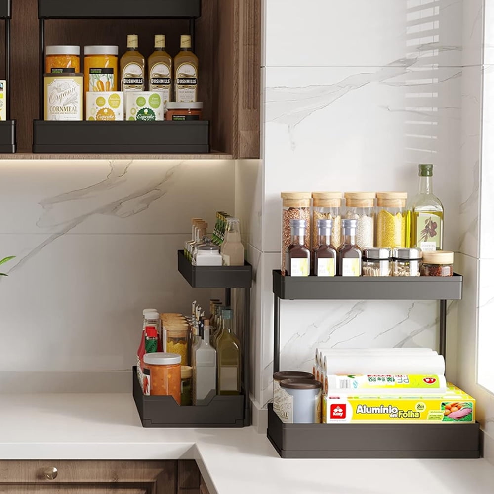 2-Tier Under Sink Organizers and Storage 2 Pack Sliding L-shape Under Bathroom Kitchen Cabinet Organizers Narrow Space Storage Multi-purpose for Bathroom Kitchen Drawer Black