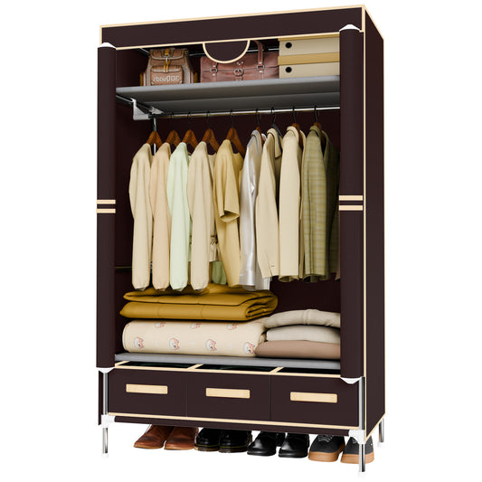 Wardrobe Closet with 3 Storage Drawers for Rentals, Dorms, Bedrooms, 67 Inches Tall hanging Closet Organizers and Storage with Hanging Space for Coats and Bags, Dark Coffee