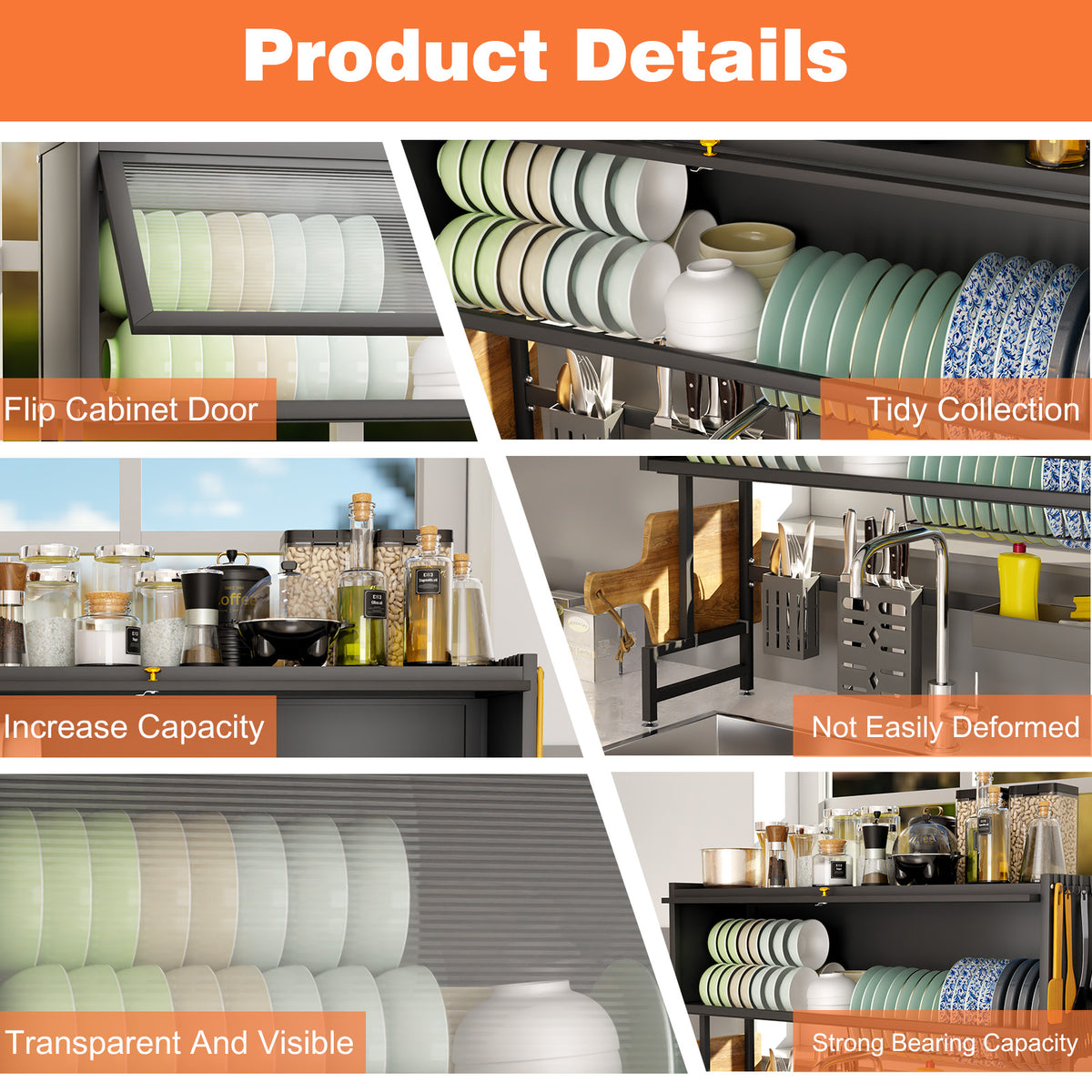 Dish Drying Rack, Large Stainless Steel Over The Sink 2 Tier Dish Rack with Cover for Kitchen (Black, Large 33.5" Length)