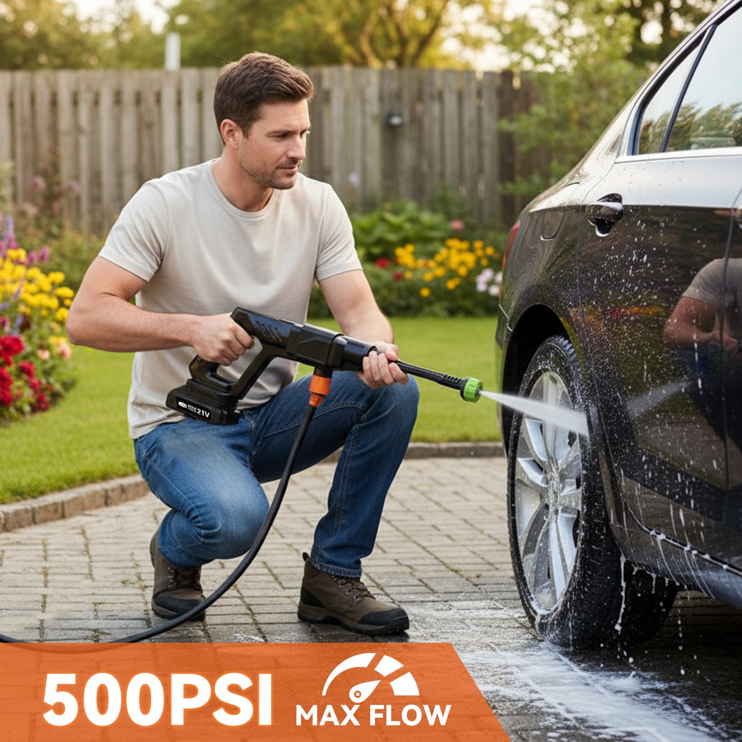 BAOKALER 300W Cordless Pressure Washer, 2.0GPM Portable Power Washer with 6-in-1 Adjustable Nozzle, Power Cleaner with 16.4ft Hose for Cars/Patios