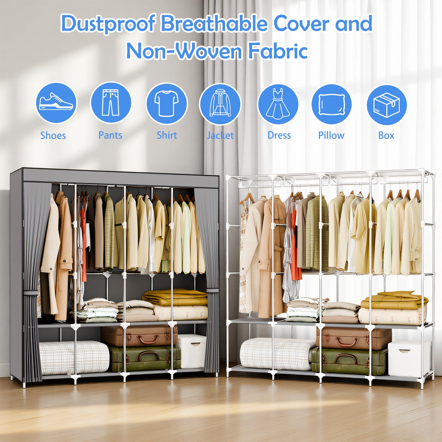 BAOKALER 67-Inch Wide Wardrobe Closet with 4 Hanging Rods & 8 Shelves, Non-Woven Fabric Hanging Closet Organizer, 16mm Steel Tube Clothing Rack for Bedroom, Living Room, Closet, Garage, Dorm, Gray