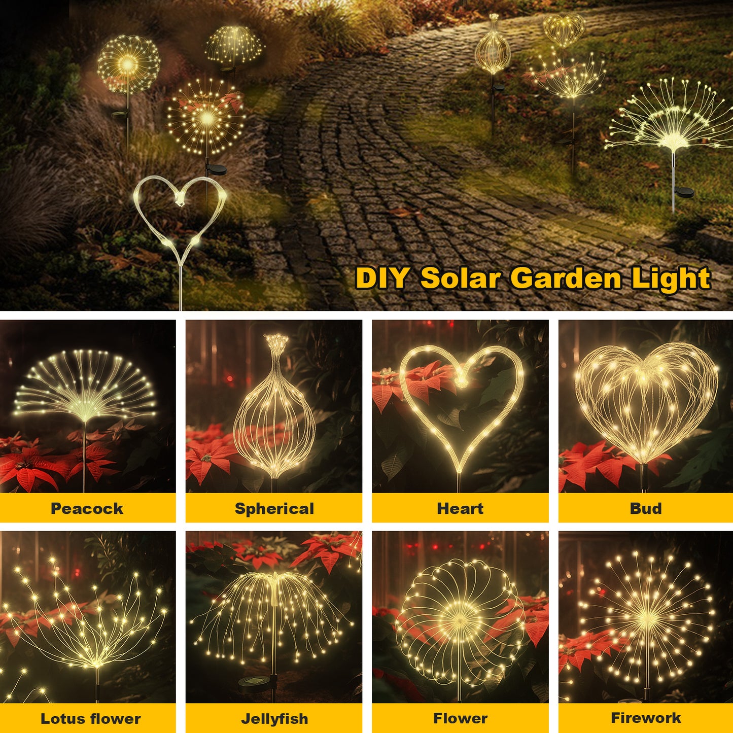 RICAN Solar Garden Lights Outdoor Decorative, 2 Pack Firework Garden Stake Lights Solar Powered, DIY Bendable Copper Wire Waterproof for Garden, Yard, Patio, Flower Bed, Chiristmas Decor