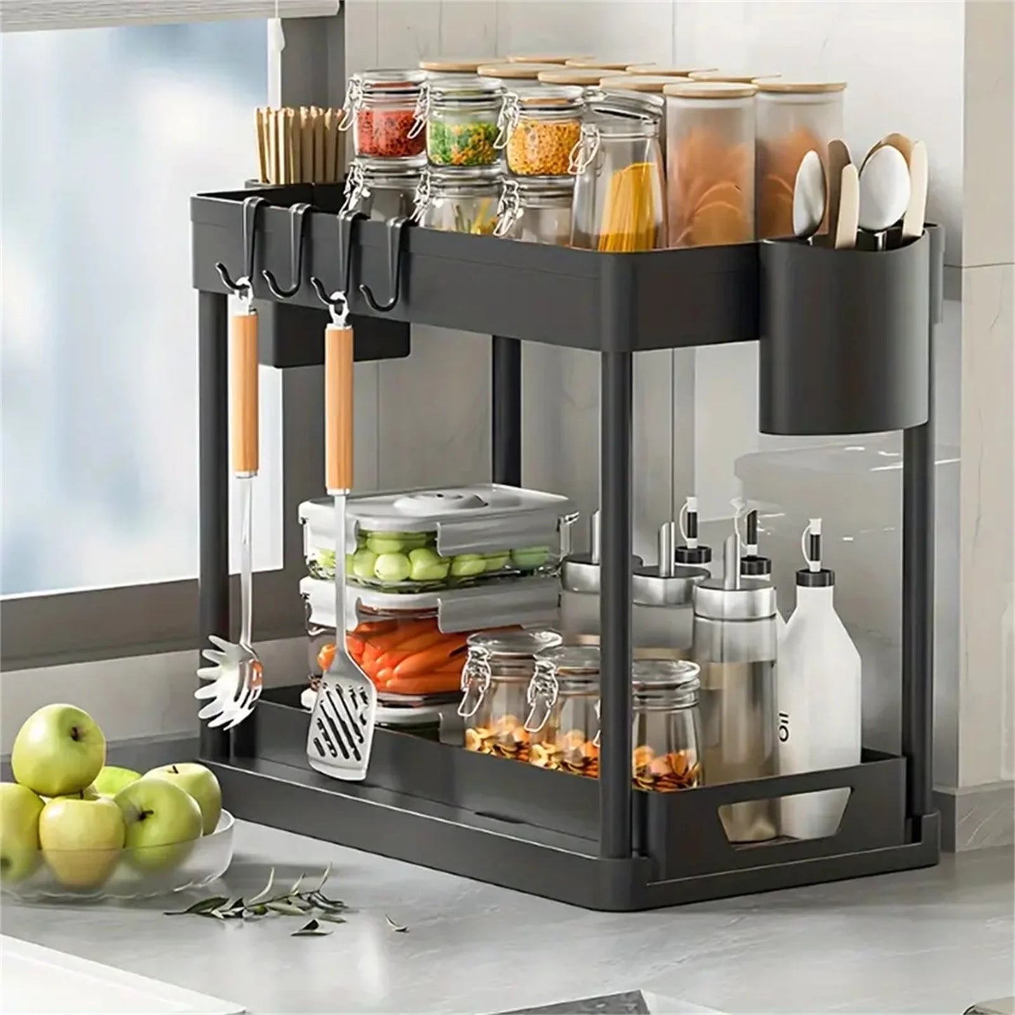2 PCS Under Sink Organizer Pull-Out, 2-Tier Multifunctional Kitchen Bathroom Organizers and Storage, Under Cabinet Storage for Home, Black