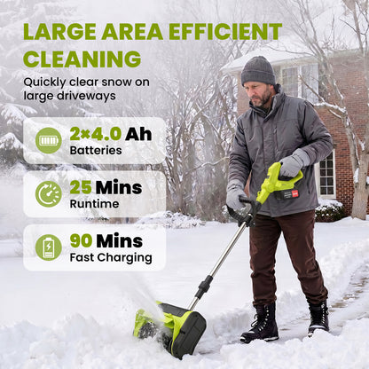 BAOKALER 21V 11inch Cordless Snow Shovel, 6.6lbs Lightweight Electric Snow Blower with 2 x 4.0Ah Battery & Fast Charger for Driveway & Sidewalks,Green