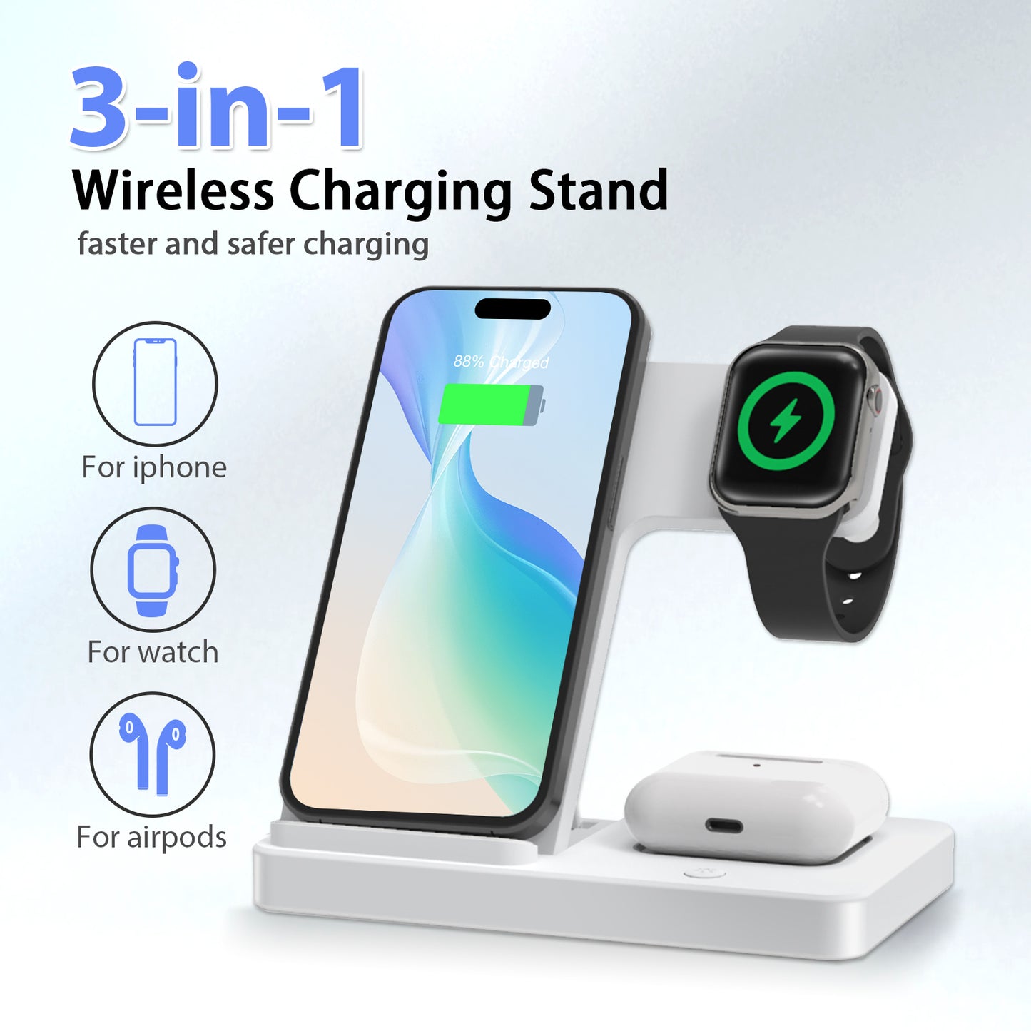 Wireless Charger, Magnetic Fast Charging Stand Compatible with iPhone 16 15 14 13 12 11 Pro Max Plus XS XR X 8, For Apple Watch 9 8 7 6 5 4 3 2 SE, For AirPods 3 2 Pro, 3 in 1 Charging Station