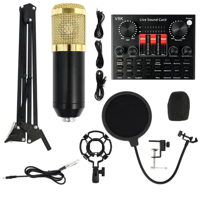 Podcast Equipment Bundle BM-800 Condenser Mic Kit with V8K Sound Card & Voice Changer for Streaming, Home Studio, YouTube, Voice-overs, Professional Recording on Laptops