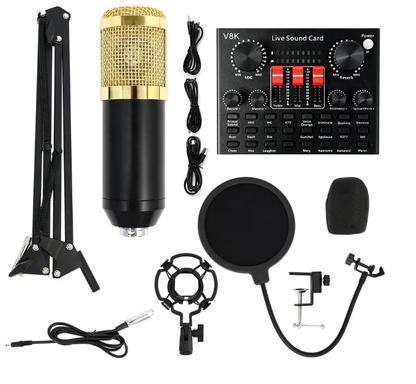 Podcast Equipment Bundle BM-800 Condenser Mic Kit with V8K Sound Card & Voice Changer for Streaming, Home Studio, YouTube, Voice-overs, Professional Recording on Laptops