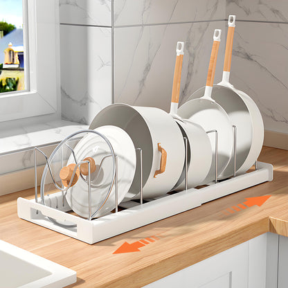 Expandable Pan Organizer, Pots and Pans Organizer with 12 Adjustable Shelves, Multifunctional Lid Organizer for Kitchen Cabinets, Stainless Steel Pan Rack Lid Holder, White