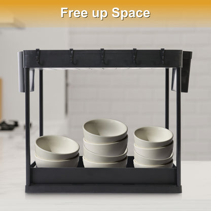 Under Sink Organizers and Storage, 2 Tier Bathroom Under Sink Organizer with Hooks, Hanging Cups, Multi-purpose Storage Drawers, Bathroom Organizers Under Kitchen Sink