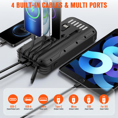 40000mAh Solar Power Bank Black, Portable Charger 20W PD Fast Charging, Solar Charger Power Bank W/4 Built-in Cables & 9 Charging Ways, Waterproof Dual LED Flashlights for Camping Hiking