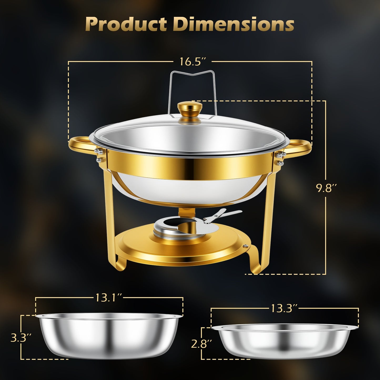 Chafing Dishes for Buffet, 1 Pack 5QT Round Semi-Gold-Plated Stainless Steel Buffet Server, Warmers with All-Gold Serving Tongs, Food Warmers for Parties Buffet, Events & Weddings