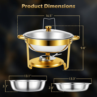 Chafing Dishes for Buffet, 1 Pack 5QT Round Semi-Gold-Plated Stainless Steel Buffet Server, Warmers with All-Gold Serving Tongs, Food Warmers for Parties Buffet, Events & Weddings