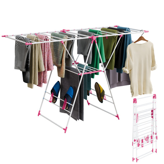 2-Tier Collapsible Clothes Drying Rack, Height-Adjustable Laundry Rack for Drying, Rustproof Clothes Dryer Hanger with Wings for Home, Red