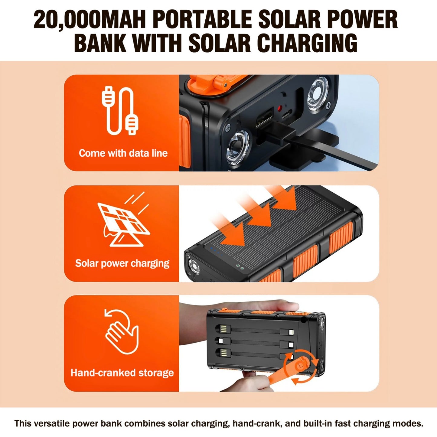Solar Power Bank, Portable Charger with Dual Output LED Flashlight, Hand Crank Power Bank