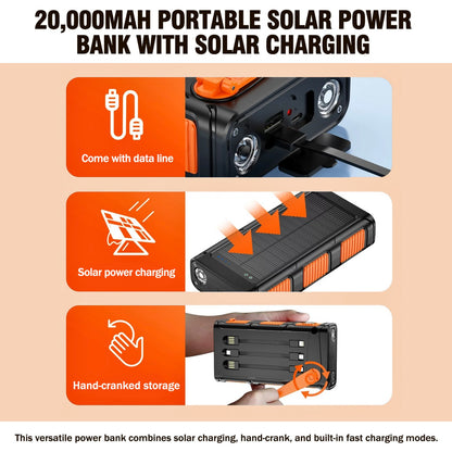 Solar Power Bank, Portable Charger with Dual Output LED Flashlight, Hand Crank Power Bank