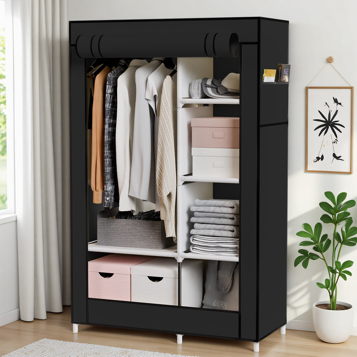BAOKALER Portable Closet Organizer with 6 Shelves & 1 Hanging Rod, Non-woven Fabric Wardrobe Clothes Storage with 4 Side Pockets for Bedroom, Living Room, Cloakroom, Dorm, Apartment, Black