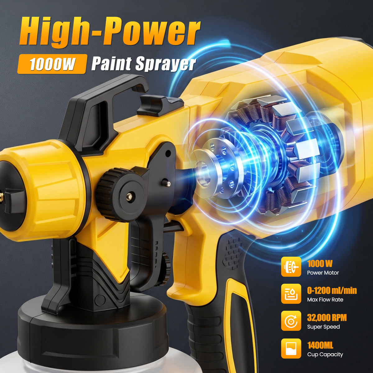 Baokaler Paint Sprayer, 1000W HVLP Electric Spray Gun with 1400ml Container, 4 Copper Nozzles & 3 Spray Patterns for Furniture, Cabinets, Walls, House Painting, Yellow