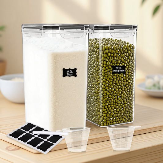 2-Pack 9.5L (321 oz) Clear Airtight Food Storage Canisters with Chalkboard Labels & Measuring Cups - Flour, Grain, Sugar, Rice, Pasta, Coffee Container with Lids