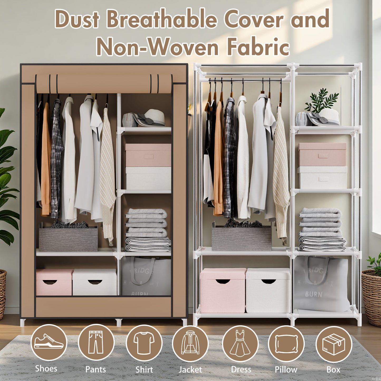 BAOKALER Closet Organizers and Storage, Hanging Closet Organization, Non-Woven Fabric Clothing Storage for Home Bedroom Living Room, Coffee