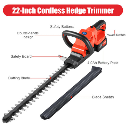 22" Cordless Hedge Trimmer, 21V Electric Hedge Trimmer with 2 x 4000mAh Batteries and Charger, Hedge Trimmer Cordless for Cutting and Trimming Bushes and Shrubs, Red