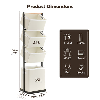 Laundry Hamper, Laundry Basket, 4 Tier Laundry Sorter, Metal Stackable Laundry Basket Organizer with Removable Basket and Removable Bags, 59"x12.6"x15.7" Clothes Organizer Basket, Beige