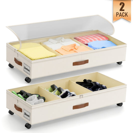 Under Bed Storage with Wheels, 58L Under Bed Storage Containers, Underbed Shoe Storage Organizer, Rolling Under Bed Metal Drawers for Clothes, Blankets (Beige, 2PK)