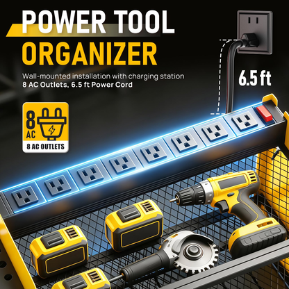 Power Tool Organizer Wall Mount with Charging Station,Tool Storage Rack with 8 Outlet Power Strip, 4 Drill Holder Wall Mount for Garage Organization(Yellow)