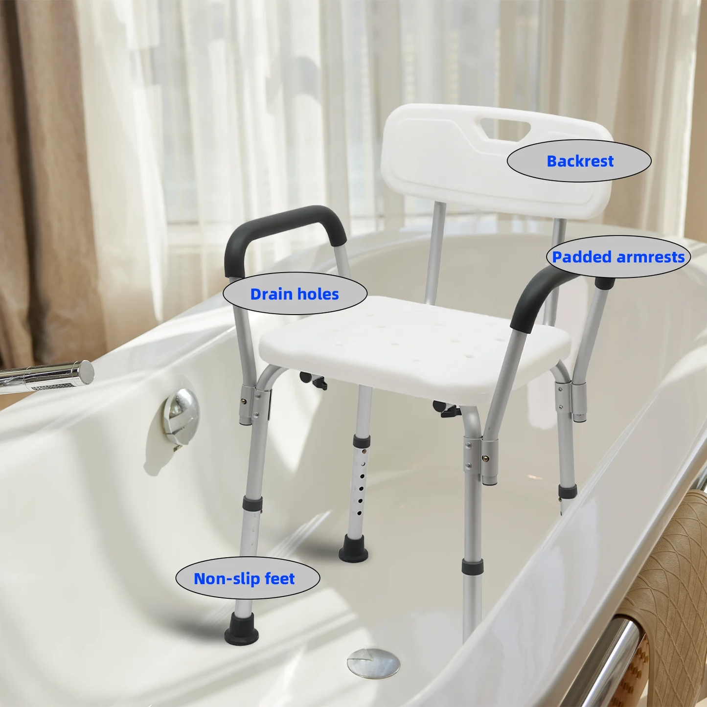 CATGOOD Shower Chair for Inside Shower, Bath Chair with Arms and Reinforced Crossing Bar for Elderly, Adults, Disabled, 550LBs Heavy Duty Bath Chair, Adjustable Shower Bench ,White and Blue