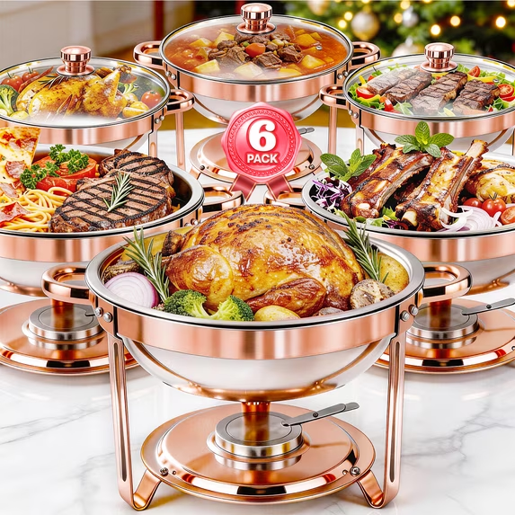 Chafing Dishes Buffet Set, 6 Pack 5.3QT Round Stainless Steel Chafer Set with Stands, Lids & Fuel Holders, Food Warmers for Parties, Catering Events, Weddings (Bright Pink Rose Gold Accents)