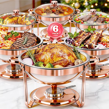 Chafing Dishes Buffet Set, 6 Pack 5.3QT Round Stainless Steel Chafer Set with Stands, Lids & Fuel Holders, Food Warmers for Parties, Catering Events, Weddings (Bright Pink Rose Gold Accents)