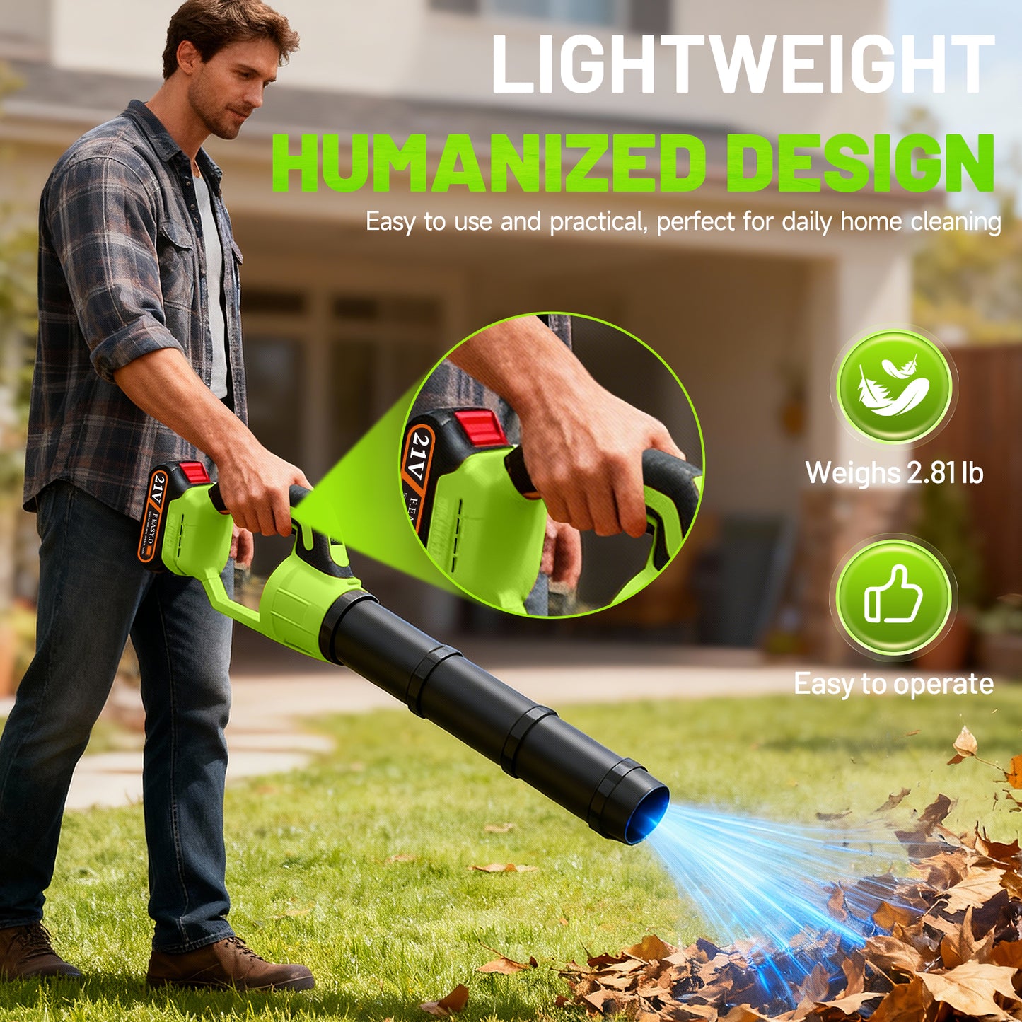 BAOKALER 21V Cordless Leaf Blower 580CFM/180MPH with 3 Batteries, 5-Section Telescoping Tube & Fast Charger Included, Variable Speed, for Yard & Driveway Cleaning, Green
