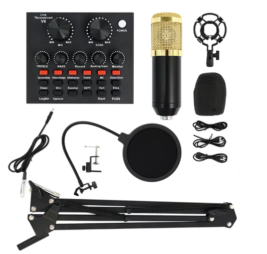 BM-800 Professional Condenser Microphone Kit with V8 Sound Card & Voice Changer - Complete Podcast Bundle with Headphones, Shock Mount, Pop Filter - for Streaming, YouTube, Home Studio Recording