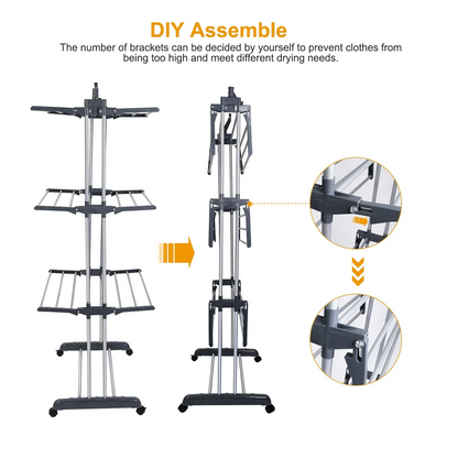 Clothes Drying Rack, 4 Tier Outdoor Laundry Drying Rack, Laundry Drying Rack with Foldable Wings Indoor, Gray