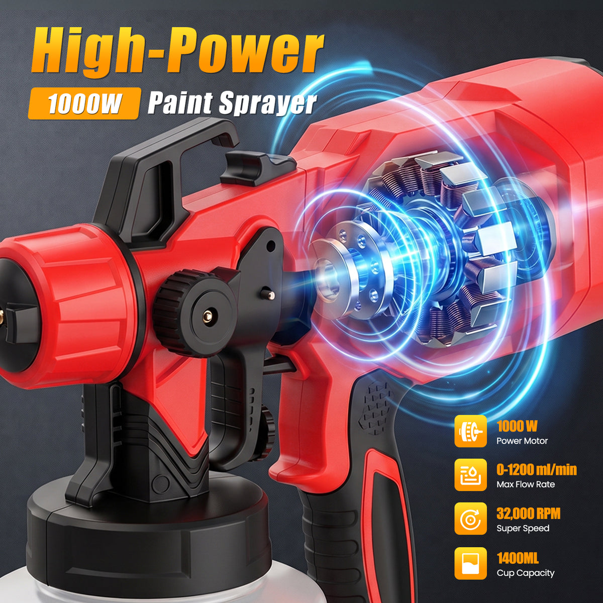 Baokaler Paint Sprayer, 1000W HVLP Electric Spray Gun with 1400ml Container, 4 Copper Nozzles & 3 Spray Patterns for Furniture, Cabinets, Walls, House Painting, Red