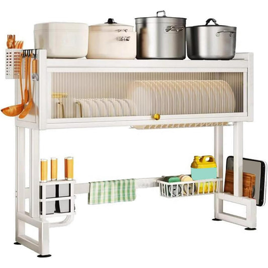 Overthe Sink Dish Rack, Over the Sink Drying Rack with Cover, Dish Drying Rack Over Sink for Bowls and Cutlery, Dish Holder Organizer for Kitchen Counter Storage (White, 25.6" Length)
