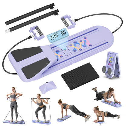 RICAN Foldable Pilates Board, Pilates Reformer Set, 15-in-1 Multifunctional Abdominal Board, Adjustable Push-Up Handles, Full Body Workout Equipment for Home, Purple