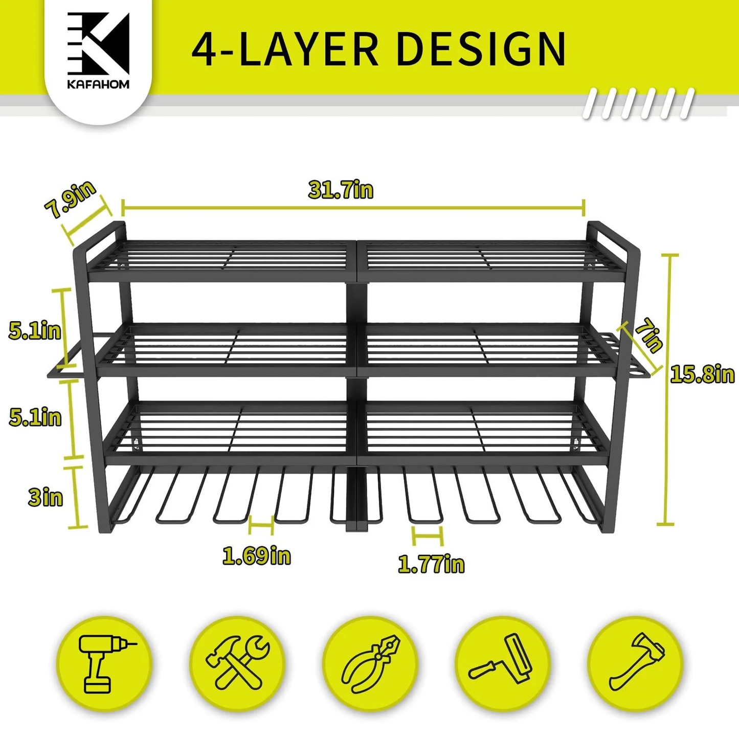 Power Tool Organizer 8 Drill Holder Wall Mount, 4 Layer Storage Rack for Garage storage, Heavy Duty Utility Racks, Tool Battery Shelf with Screwdriver Holder/Plier Holder/Hammer Holder